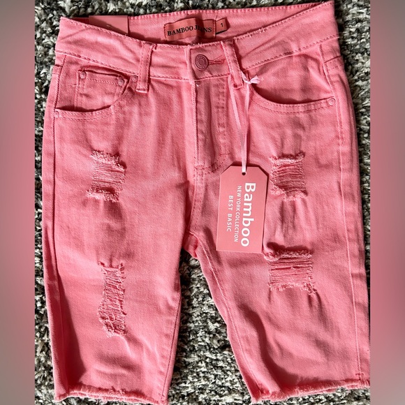 Shorts ,Junior Size 1, denim stretch,pink,Bermuda cutoff ,Distressed - Picture 1 of 2